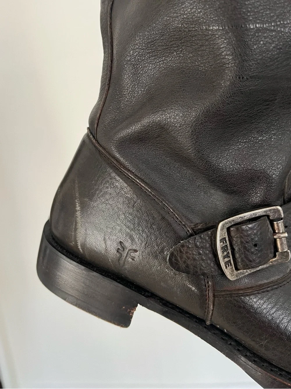 Frye Dark Brown Leather Engineer Boot with Buckle Accent